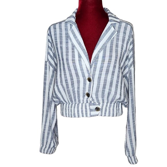 Forever 21 Cropped Jacket Blue White Striped Button Front Elastic Hem Women's L - Picture 1 of 9